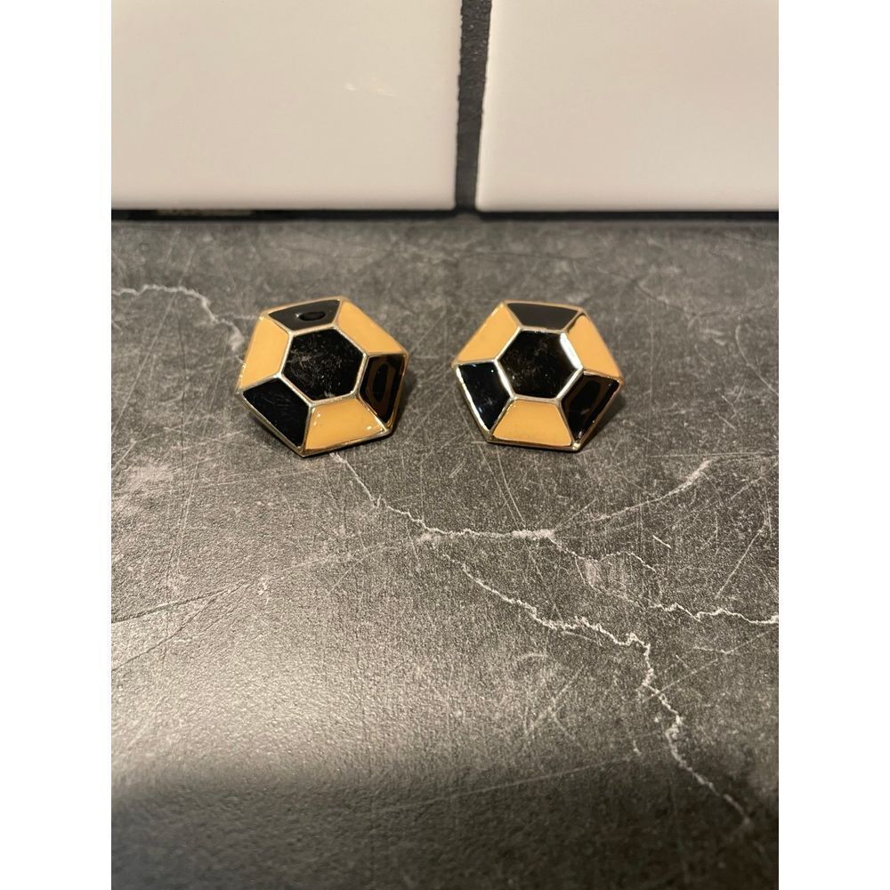 Vintage Earrings Large Black and Cream Enamel Gold Tone